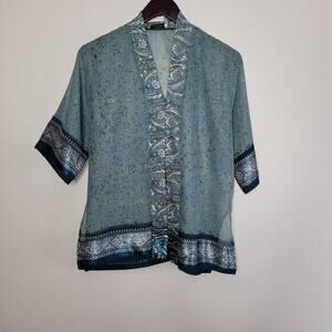Baitong Open Front Kimono Top XL Blue White Frog‎ Button